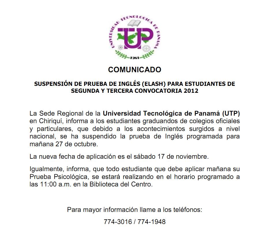 COMUNICADO IMPORTANTE SUSPENSIÓN DE PRUEBA DE INGLÉS (ELASH) Centro
