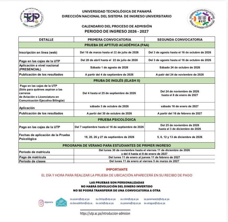 Calendario del Proceso de Admisión